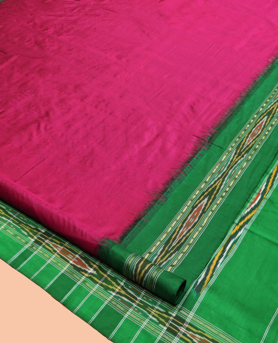 Magenta Plain Pochampally Ikat Silk Saree, Complemented by a Contrast Ikat Border, Ikat-Style Pallu, and No Blouse