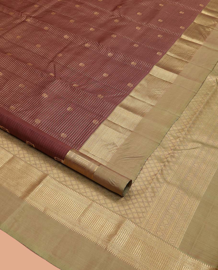 Brown Vasundhara Silk Saree, Prettified with Zari Buttas and Checks All Over Its Body, Complemented by a Contrast Kal Eragina Border of Ara Bogudi, Muthu, and Ara Maadam Designs, Grand Jaal Pallu, and Paired with a Contrast Blouse