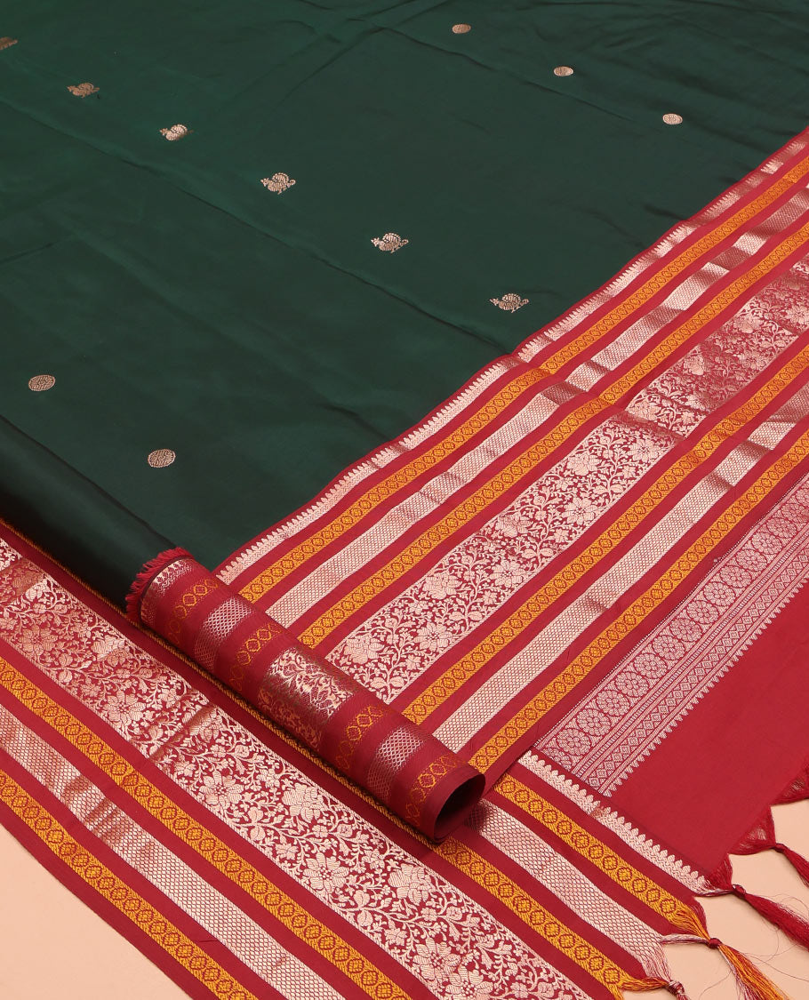 Green Mayil-Chakra Buttas Vasundhara Lite Silk Mix Saree, Contrast Traditional Zari Border, and a Contrast Blouse