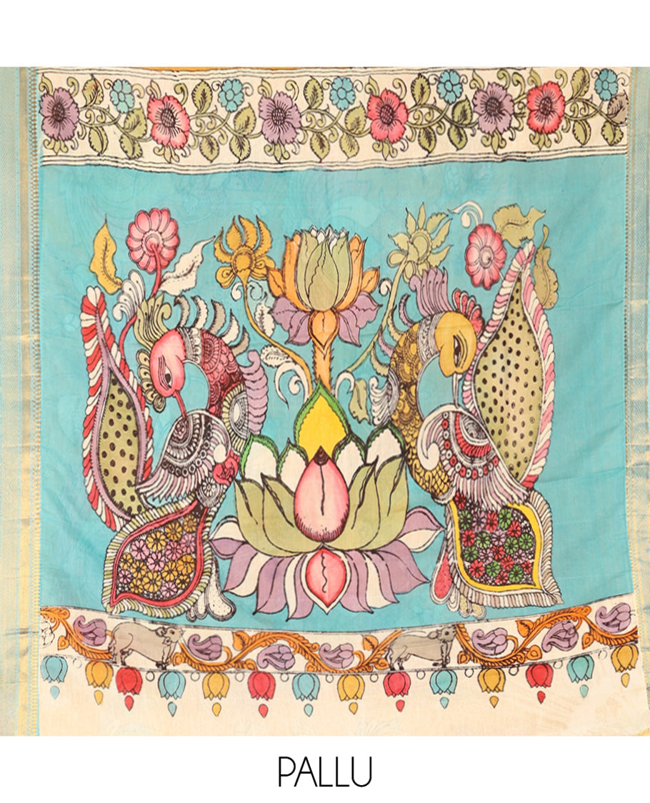 Gold Kalamkari Silk Saree, Impeccably Styled with Floral Vine and Human Motifs Print, a Contrast Traditional Zari Border, Pallu Features Peacocks, and a Contrast Blouse