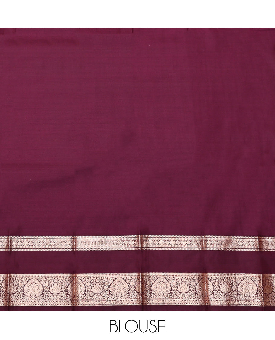 Orange Budget Silk Saree, Elevated with Zari Buttas, Complemented by Contrast Traditional Rettai Pettu Border, Grand Pallu, and a Contrast Blouse