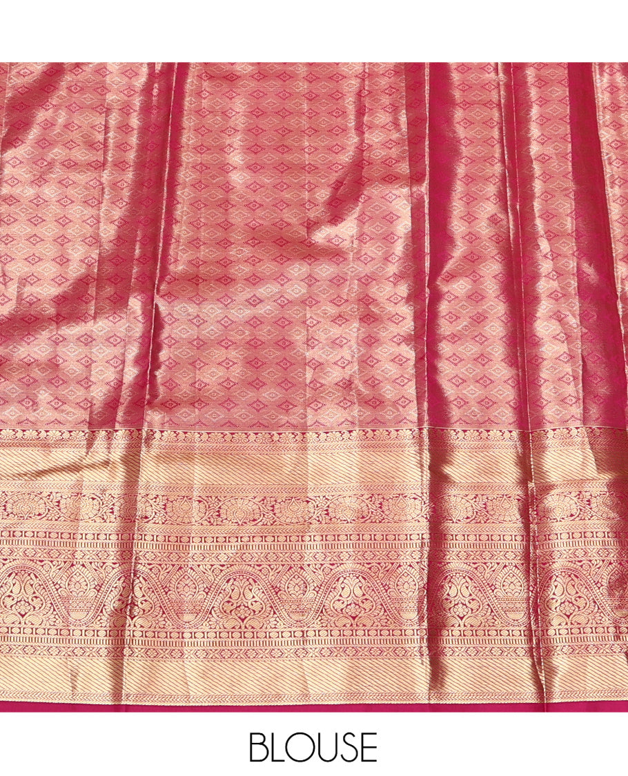 Green Art Silk Material Half Saree, Spotlighted with Jacquard Skirt, a Contrast Traditional Zari Border, Contrast Blouse, and an Intricate Dhavani