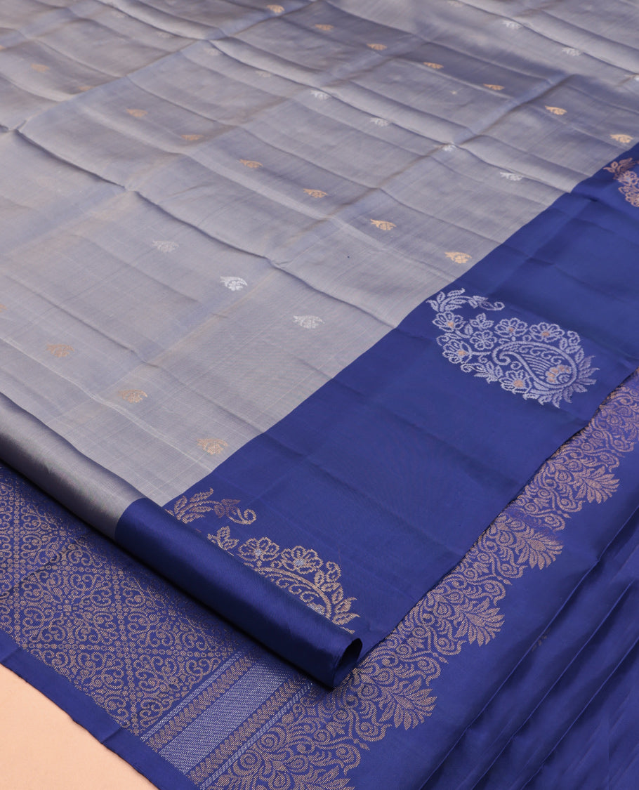 Blue Mayuri Lite Silk Mix Saree, Elevated with Floral Zari Buttas, Complemented By Contrast Border of Paisley Buttas, a Grand Jaal Pallu, and a Contrast Blouse