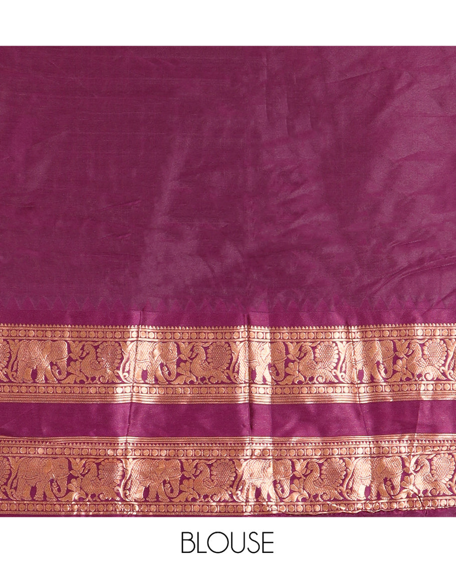 Magenta Semi-Silk Half-Saree Features Plain Skirt, a Rettai Pettu Elephant-Peacock Border, Matching Blouse, and a Dhavani