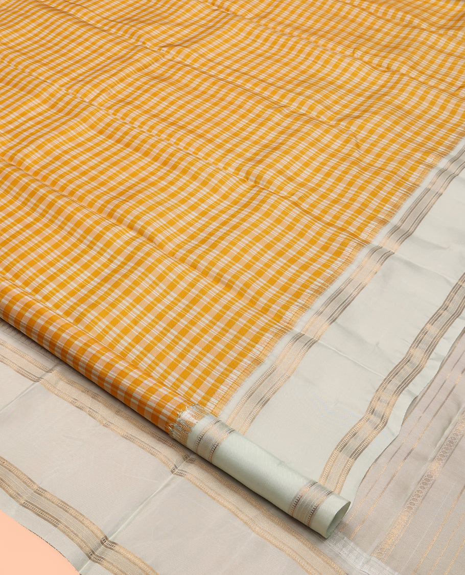 Yellow Checked Vasundhara Lite Silk Mix Saree, a Contrast Rettai Pettu Border, Zari Striped Pallu, and a Contrast Blouse