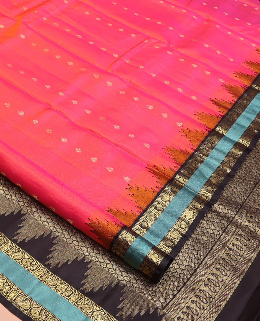 Pink Vasundhara Silk Saree, Adorned with Zari Buttas All Over Its Body, Complemented by Contrast Temple Rettai Pettu Border of Manga and Poun Designs, Grand Pallu and Paired with a Contrast Blouse