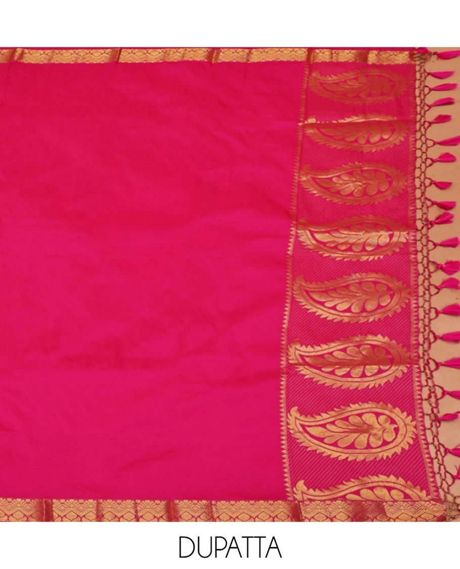 Green Art Silk Material Half Saree, Spotlighted with Jacquard Skirt, a Contrast Traditional Zari Border, Contrast Blouse, and an Intricate Dhavani