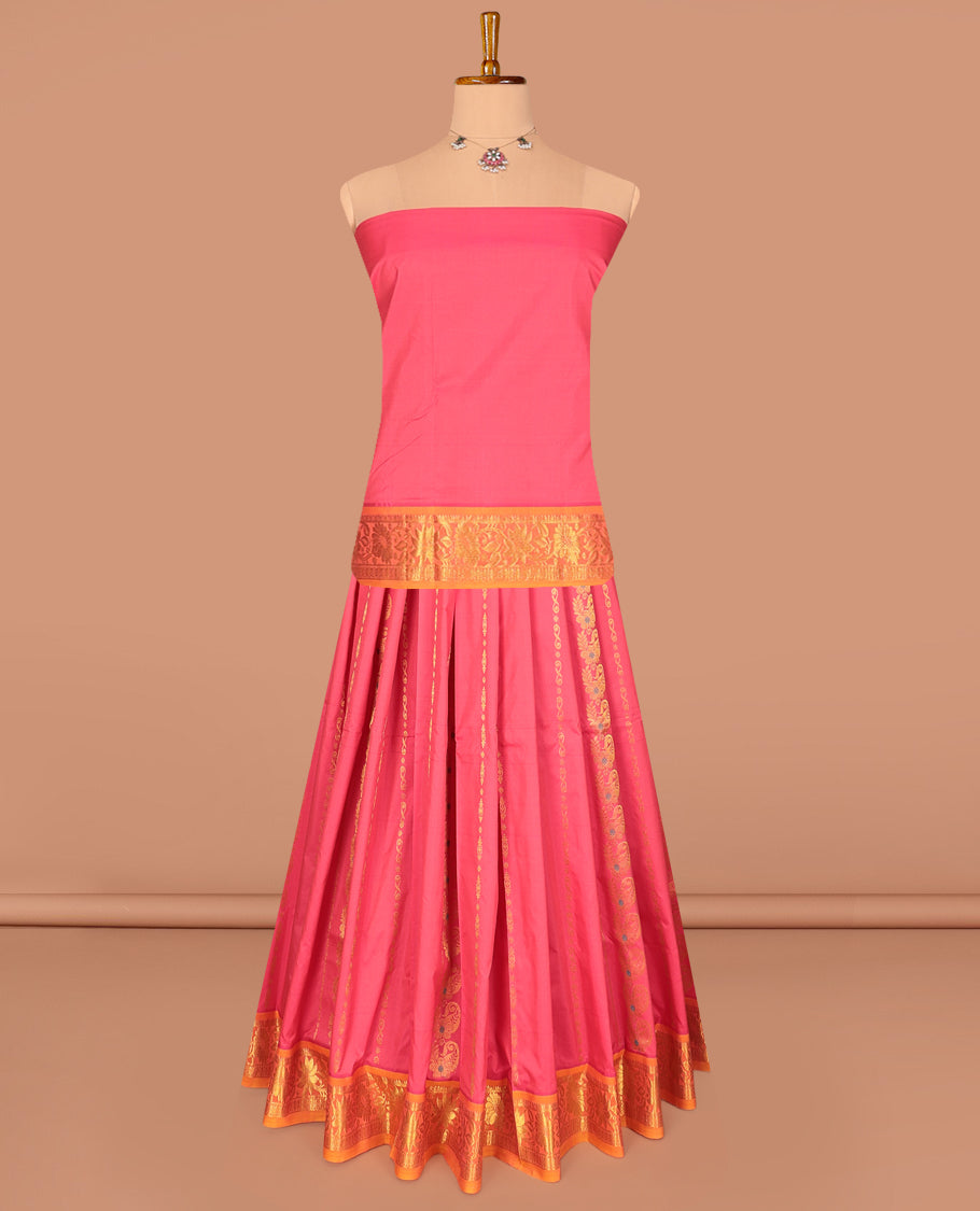 Pink Art Silk Pavadai Material Set, Woven with Zari Designs on Its Skirt, Complemented by a Contrast Floral Creeper Zari Border, and a Matching Blouse