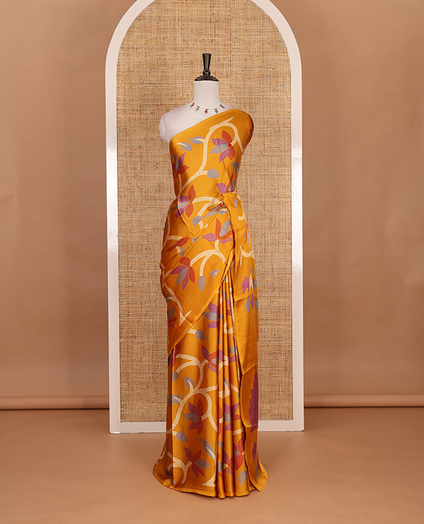Borderless mustard jamdani weaving design gajji silk saree and jamdani design self pallu along with printed blouse