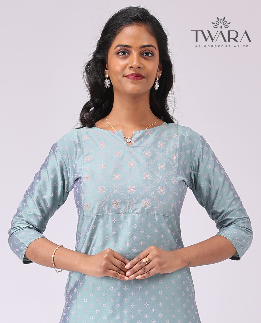 Twara Blue floral motifs boat neck , knee length , 3/4 sleeve kurti
