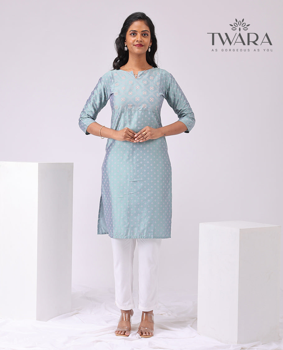 Twara Blue floral motifs boat neck , knee length , 3/4 sleeve kurti