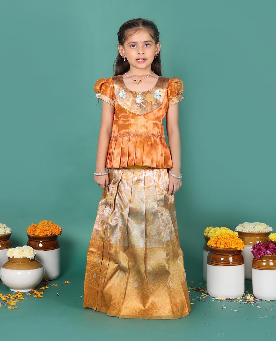 Grey art silk readymade pavadai set, floral jacquard with contrast traditional zari border skirt, contrast embroidered puff-sleeve blouse