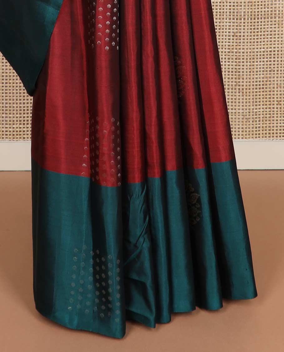 Red zari buttas silk mix saree, contrast zari design border & pallu of thilakam mokku, paisa,banaras & geometric patterns