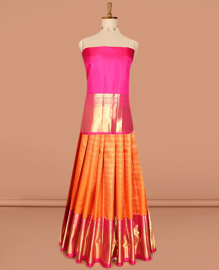 Orange pure-silk half saree, jacquard skirt, contrast border & blouse of paisa, manga & kodi visiry & intricate dhavani