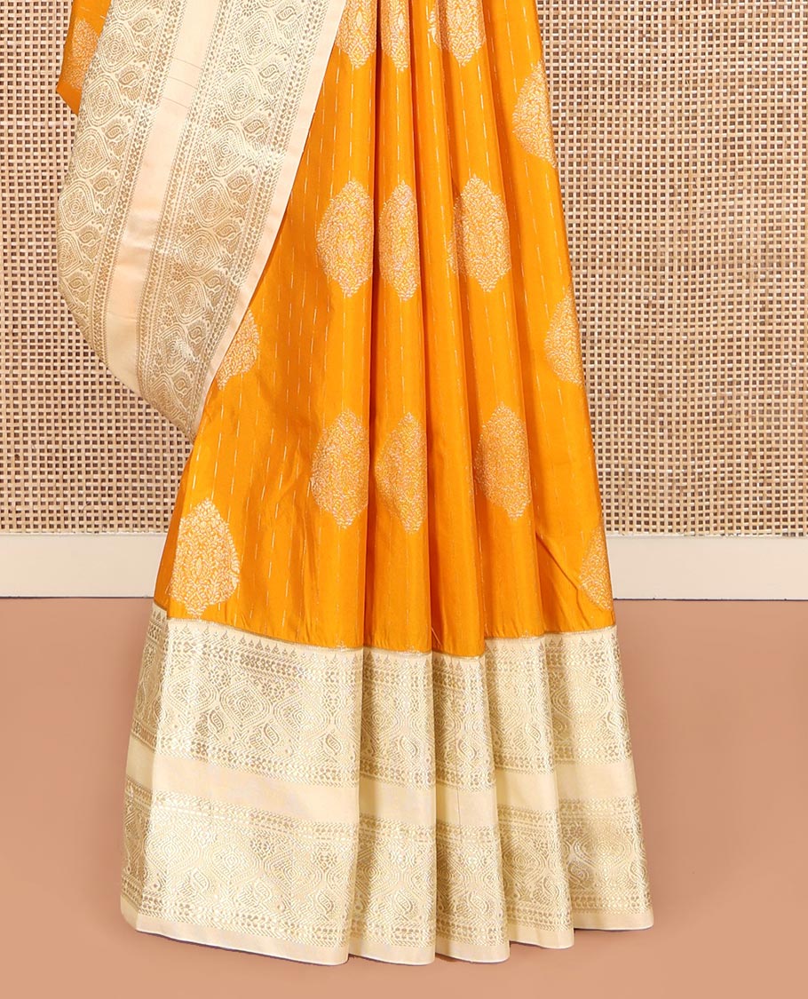 Yellow Budget Silk Saree, Steeped in the Richness of Zari Buttas All Over Its Body, Complemented by Contrast Varisai Pettu Traditional Zari Design Border, an Intricately Designed Pallu, and Paired with a Contrast Blouse