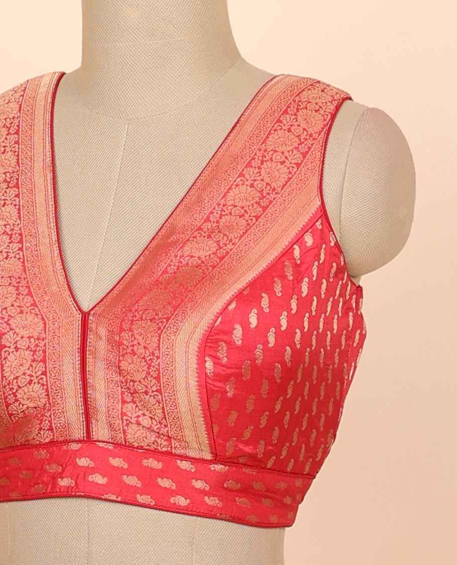 Cherry red floral zari design front & back deep v-neck raw-silk readymade sleeveless blouse