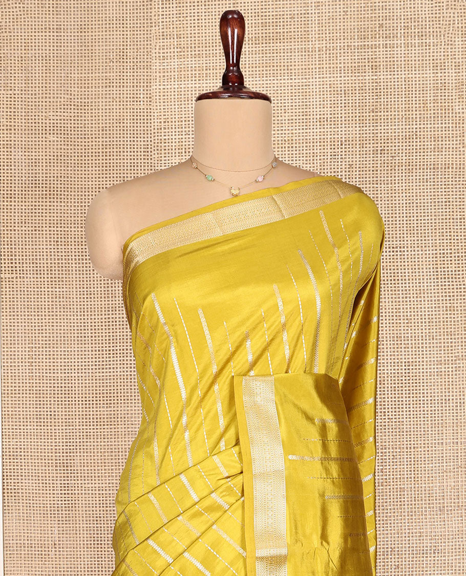 Yellow Dupion Silk Saree, Enriched with Zari Stripes, Highlighted by a Traditional Zari Design Border, Contrast Pallu of Geometric Design, and a Contrast Blouse