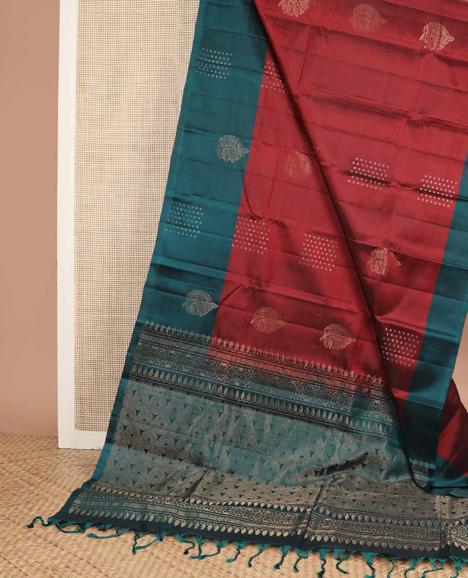 Red zari buttas silk mix saree, contrast zari design border & pallu of thilakam mokku, paisa,banaras & geometric patterns
