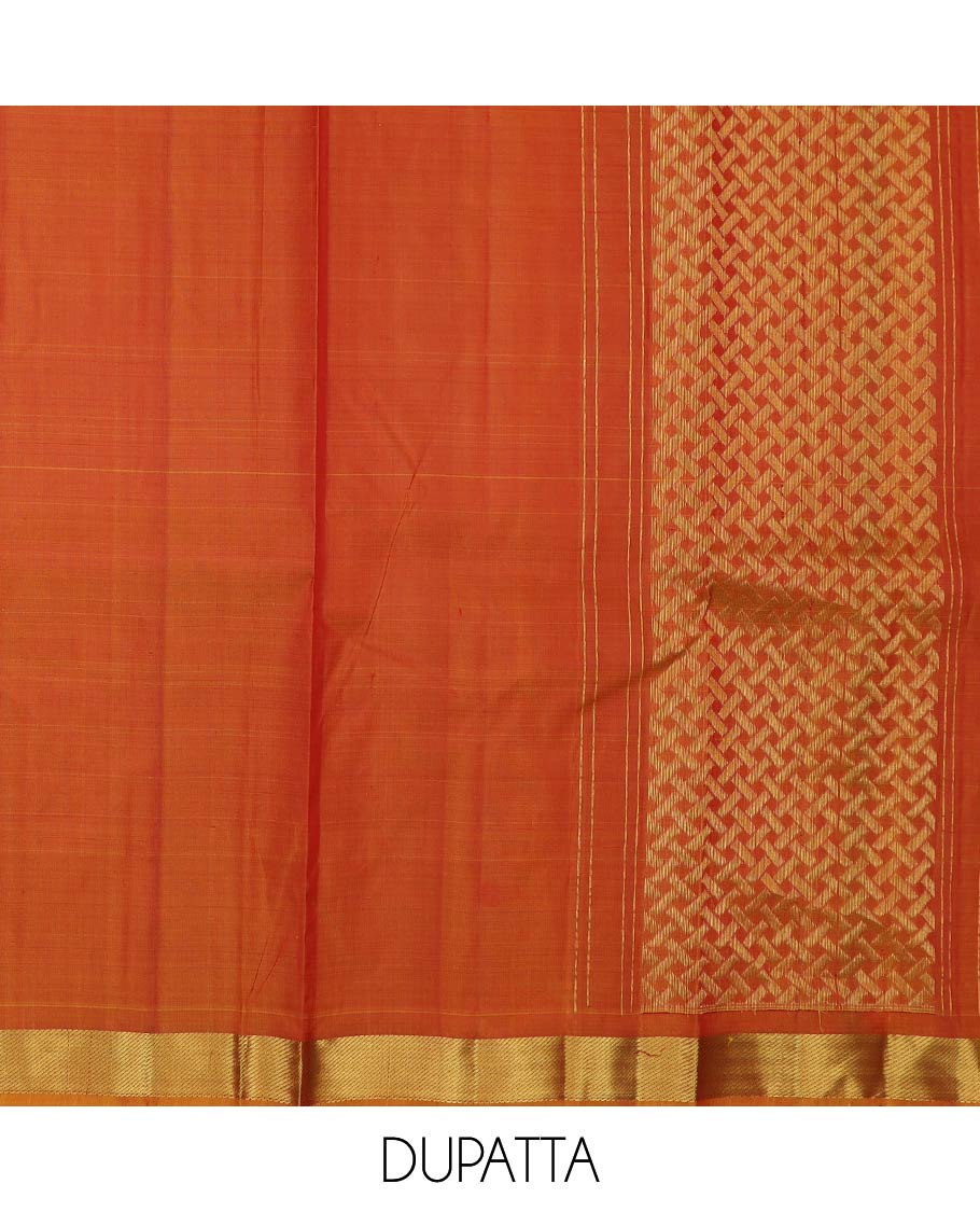 Maroon pure-silk half-saree, zari buttas with contrast traditional zari bordered skirt, zari design blouse, and a mat textured dhavani