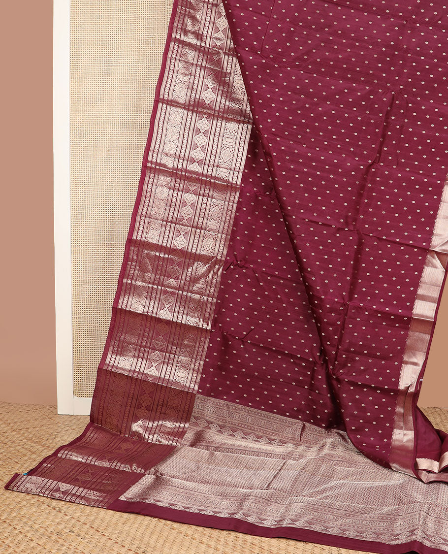 Maroon zari buttas vasundhara silk mix saree, intricate pallu & zari border of muthu,kathir,rudraksham & geometric designs