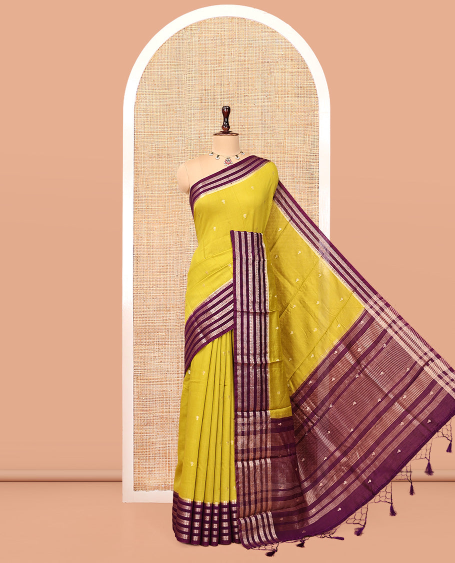 Green Assam Silk Saree, Ornamented with Zari Buttas, Complemented by a Contrast Traditional Zari Border, Striped Pallu, and a Contrast Blouse