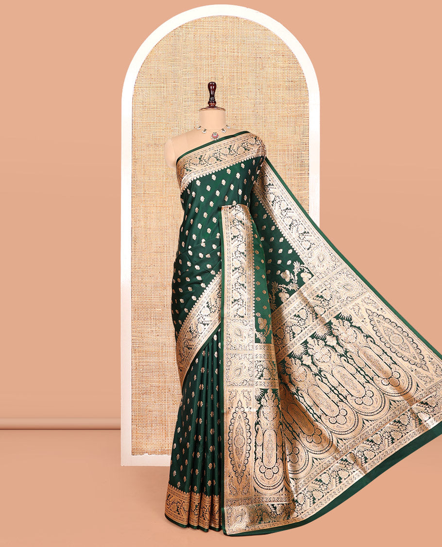 Green Banarasi Nylon Saree Showcasing Buttas, Floral Creeper Zari Border, Intricate Pallu, and a Contrast Blouse