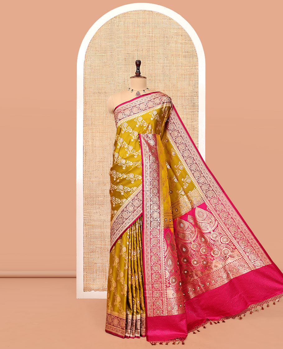 Yellow Banarasi Satin Saree, Majestically Detailed with Floral Jaal Jacquard, a Contrast Floral Creeper Border, Intricate Stonework Pallu, and a Contrast Blouse