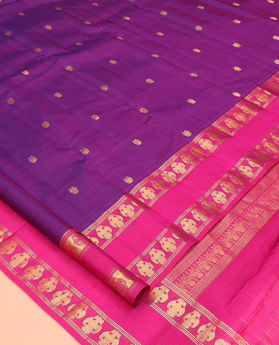 Purple Vasundhara Silk Saree, Woven with Iruthalai Pakshi Buttas, a Contrast Rettai Pettu Border of Iruthalai Pakshi Designs, Grand Pallu, and a Contrast Blouse