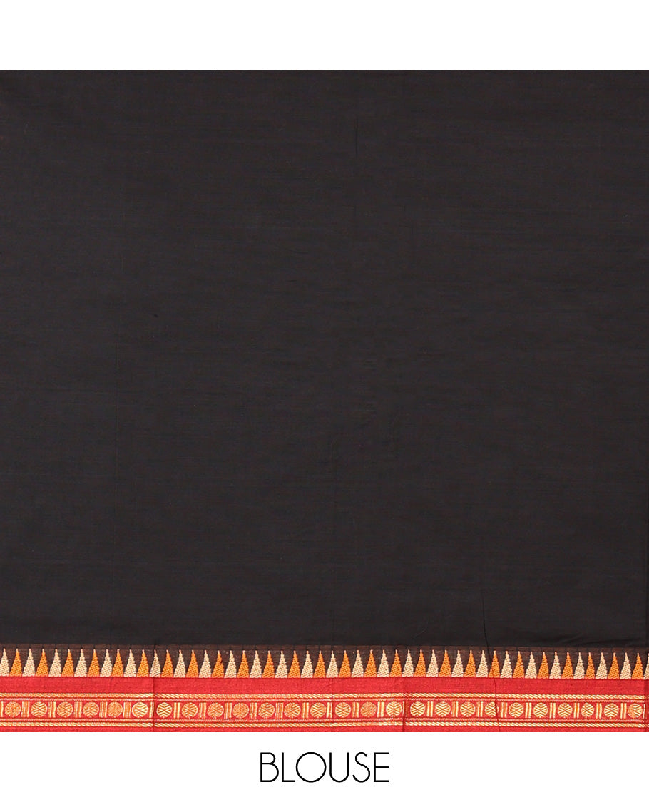 Black Plain Chettinad Cotton Saree, Complemented by a Contrasting Traditional Zari Design Border, a Pallu of Stripes, and Paired with a Matching Blouse