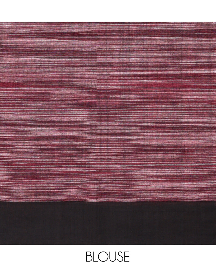 Pink Heathered Textured Mangalgiri Cotton Saree, Complemented by Contrast Border, Striped Pallu, and Paired with a Contrast Blouse