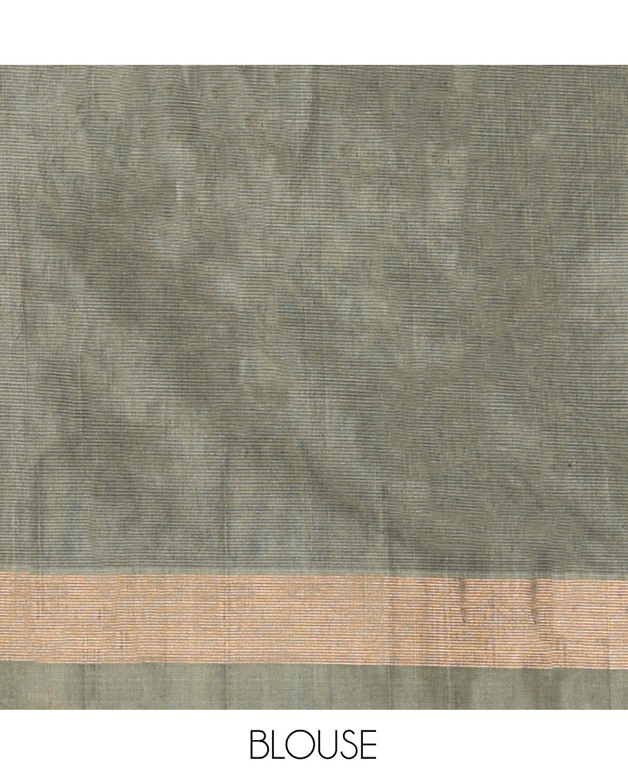 Blue Silk Cotton Saree, Bedecked with Zari Buttas, a Contrast Leaf Motif Border, Geometric Pallu, and a Contrast Blouse