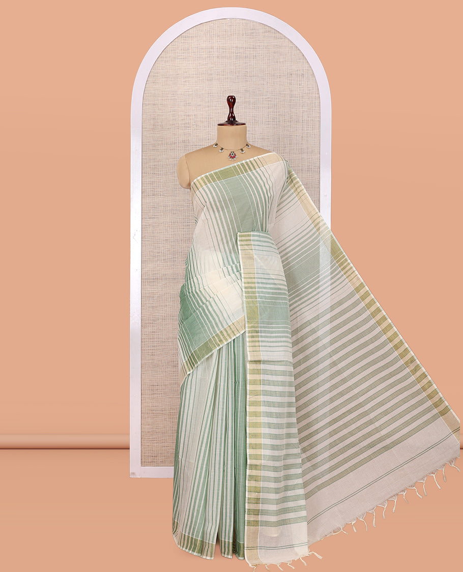 Cream-Green Jute Cotton Saree