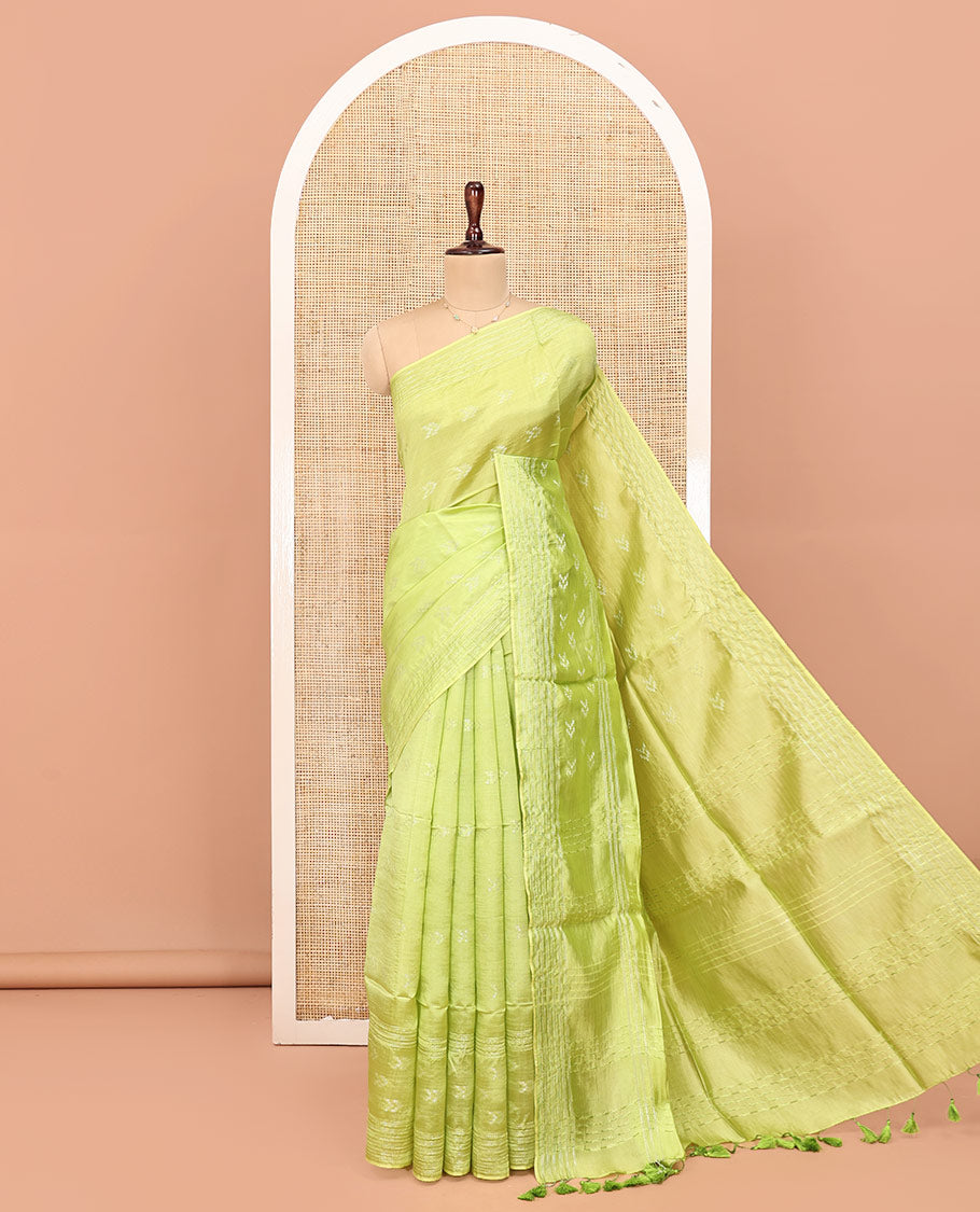 Green Banana Pith Saree, Sparsely Woven with Buttas All Over Its Body, Subtle Striped Border, Pallu Steeped with Stripes, and Paired with a Matching Blouse