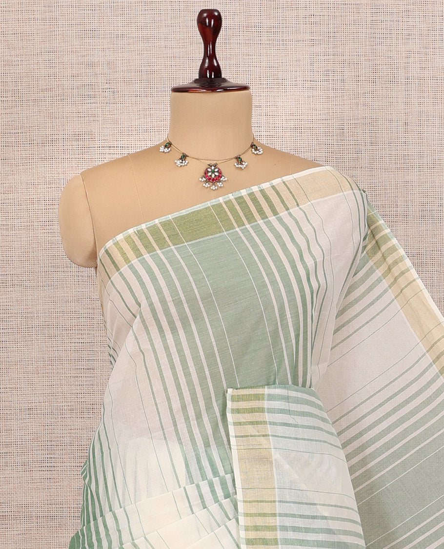 Cream-Green Jute Cotton Saree
