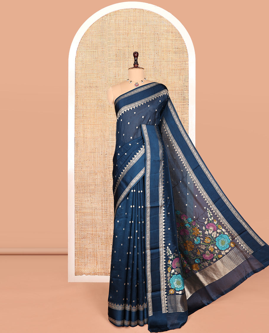 Blue Matka Silk Saree, Accentuated with Buttas All Over Its Body, Highlighted by Temple Rettai Pettu Border, Pallu of Meenakari Flora Designs, and Paired with a Matching Blouse