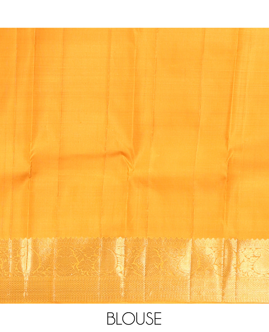Yellow Kanchipuram Silk Saree, Sparsely Woven with Zari Buttas and Muthu Stripes, a Zari Border of Thilakam Mokku, Muthu, Iruthalai Pakshi, Manga, and Mayil Kann, Jaal Pallu, Matching Blouse