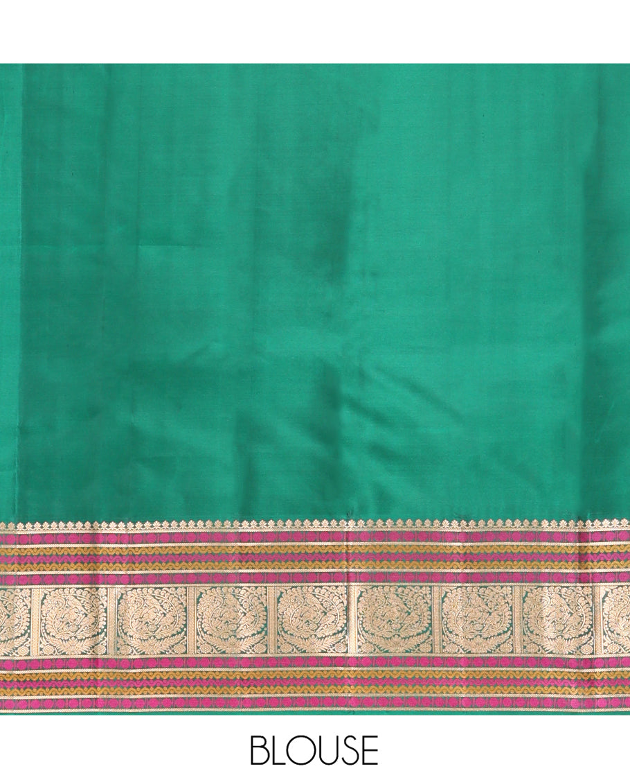 Pink Vasundhara Lite Silk Mix Saree, Majestically Detailed with Zari Buttas, a Contrast Border of Salngai, Rudraksham, Neli, and Mayil Designs, Grand Pallu, and a Contrast Blouse