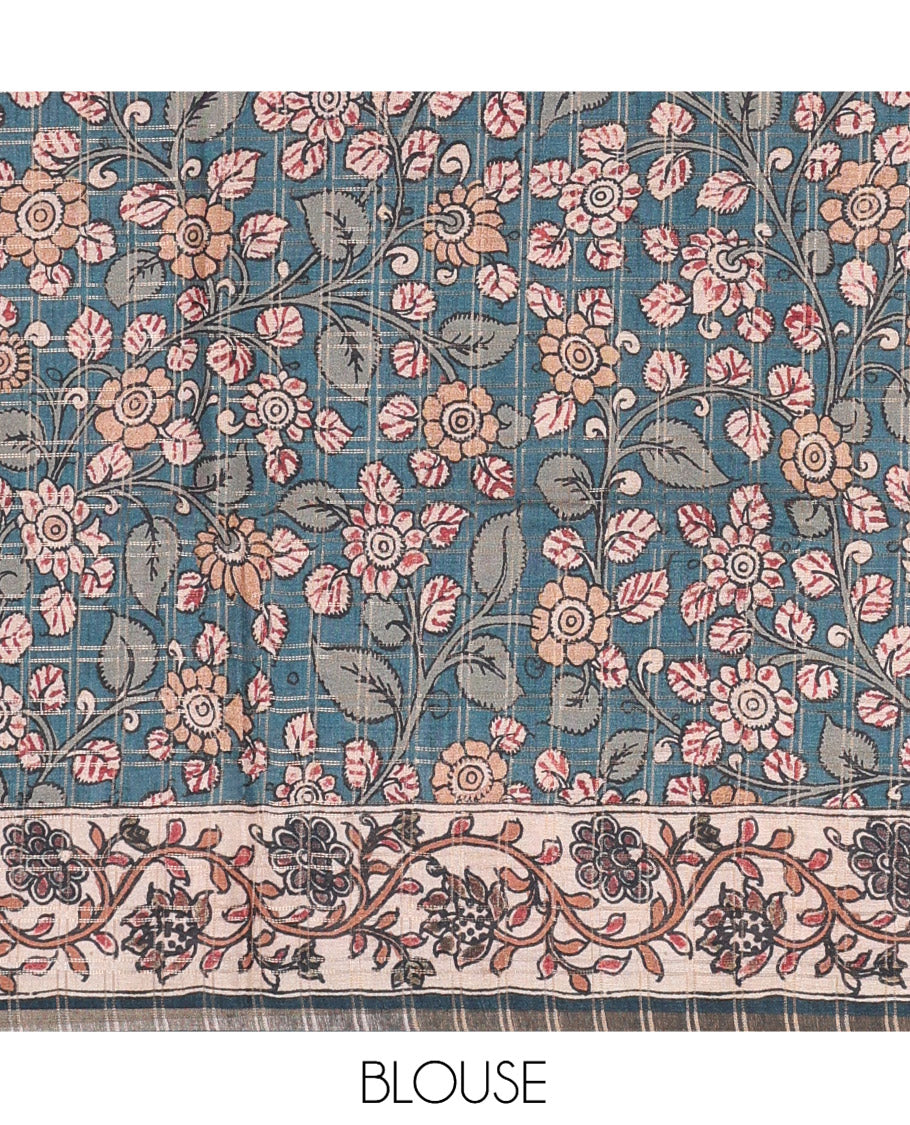 Brown Fancy Tussar Silk Saree, Embellished with Checked Design, Contrast Zari Piping Border, Pallu of Kalamkari Motifs, and Contrast Kalamkari Printed Blouse