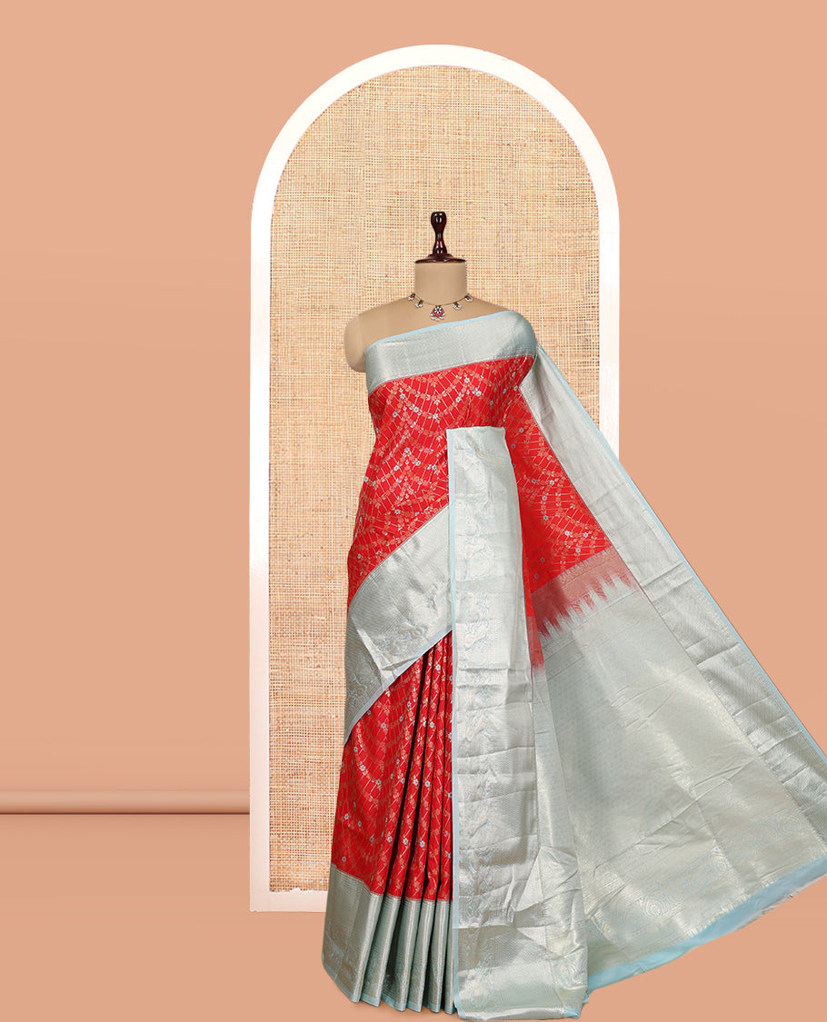 Red-Blue Scallop Jacquard Budget Silk Saree, Contrast Traditional Border, Jaal Pallu, and Contrast Blouse