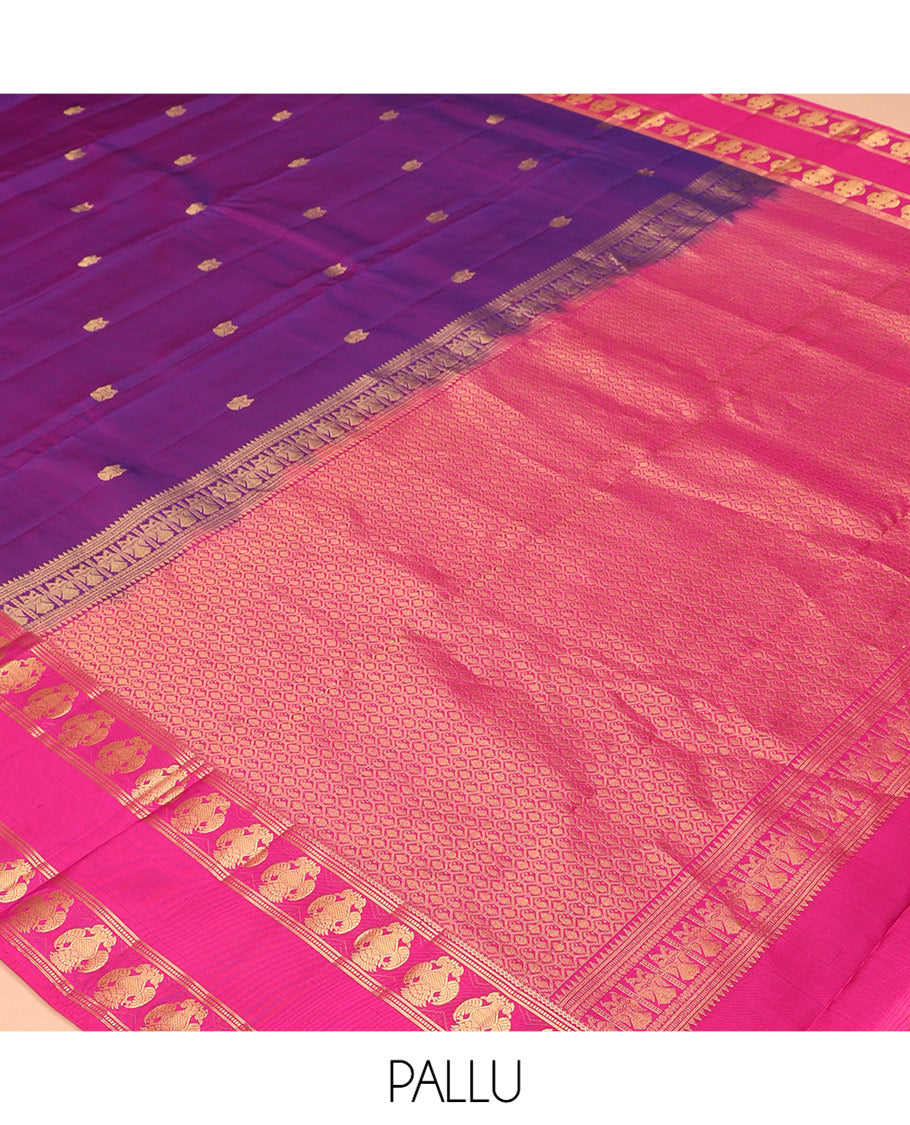 Purple Vasundhara Silk Saree, Woven with Iruthalai Pakshi Buttas, a Contrast Rettai Pettu Border of Iruthalai Pakshi Designs, Grand Pallu, and a Contrast Blouse