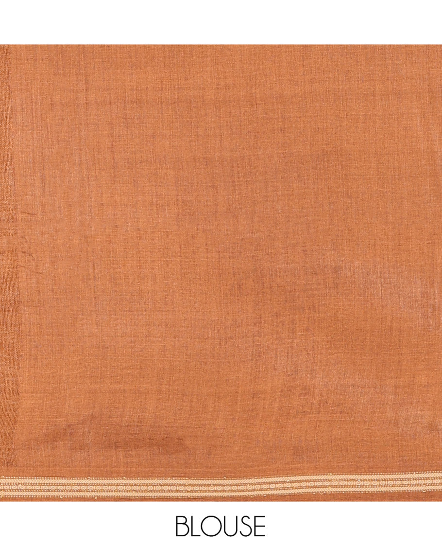 Brown Plain Tussar Silk Saree, a Piping Border, Self-Pallu of Stripes, and Matching Blouse