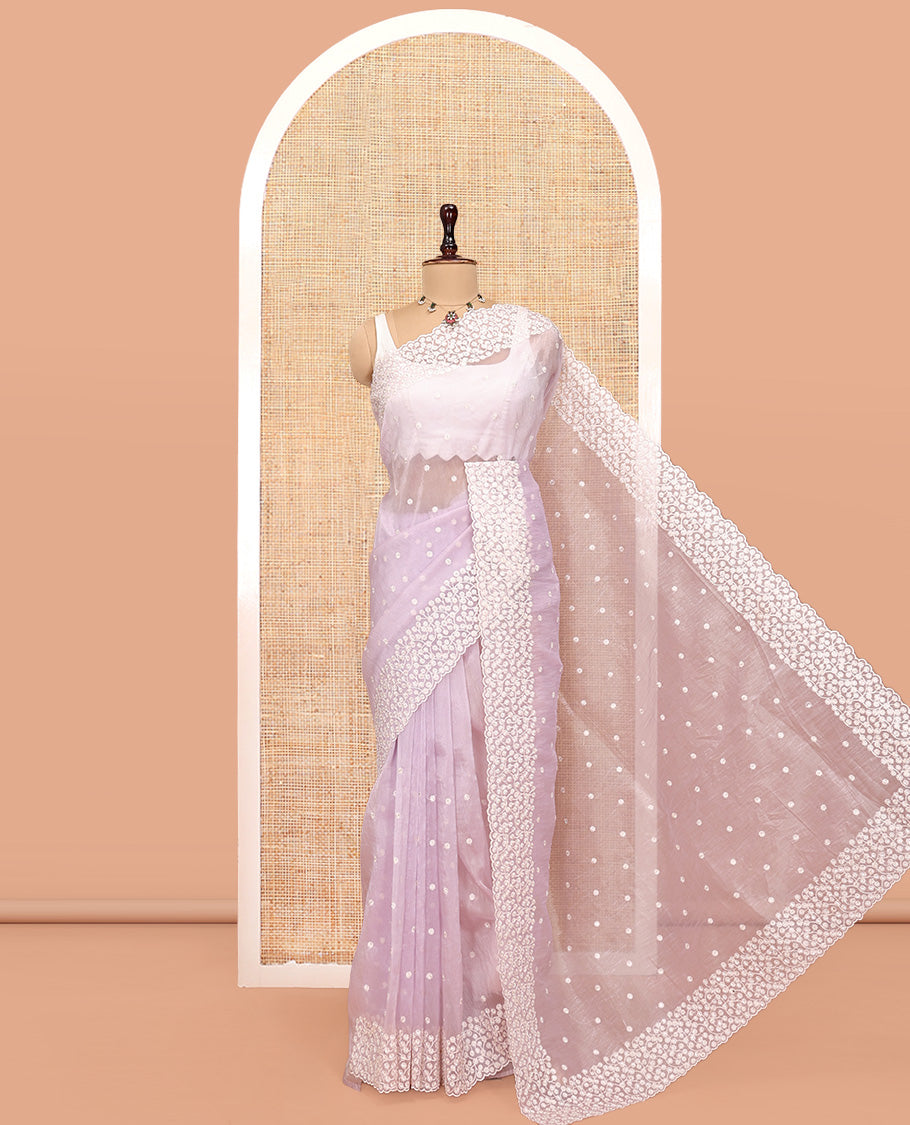 Pale Lavender Organza Saree, Finely Crafted with Flower-Embroidered Motifs, a Scallop Floral Embroidered Border, and a Matching Blouse