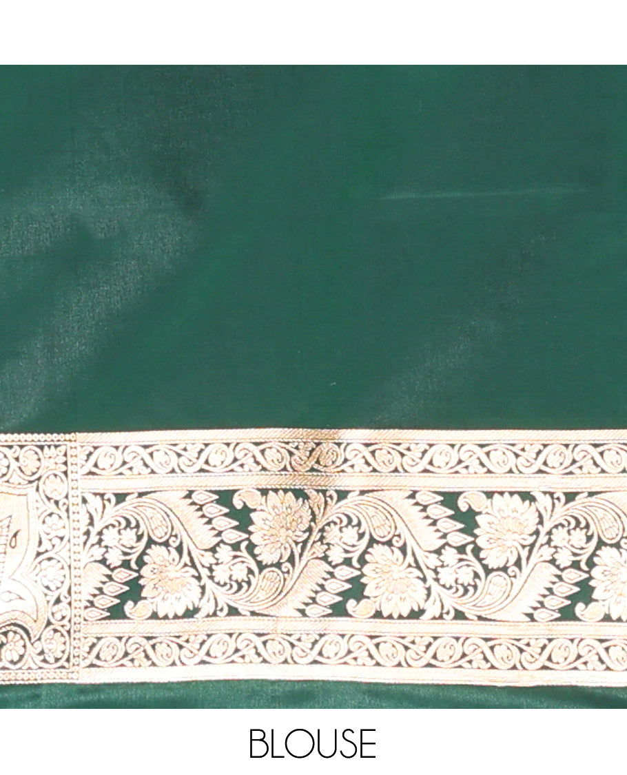 Green Banarasi Nylon Saree Showcasing Buttas, Floral Creeper Zari Border, Intricate Pallu, and a Contrast Blouse