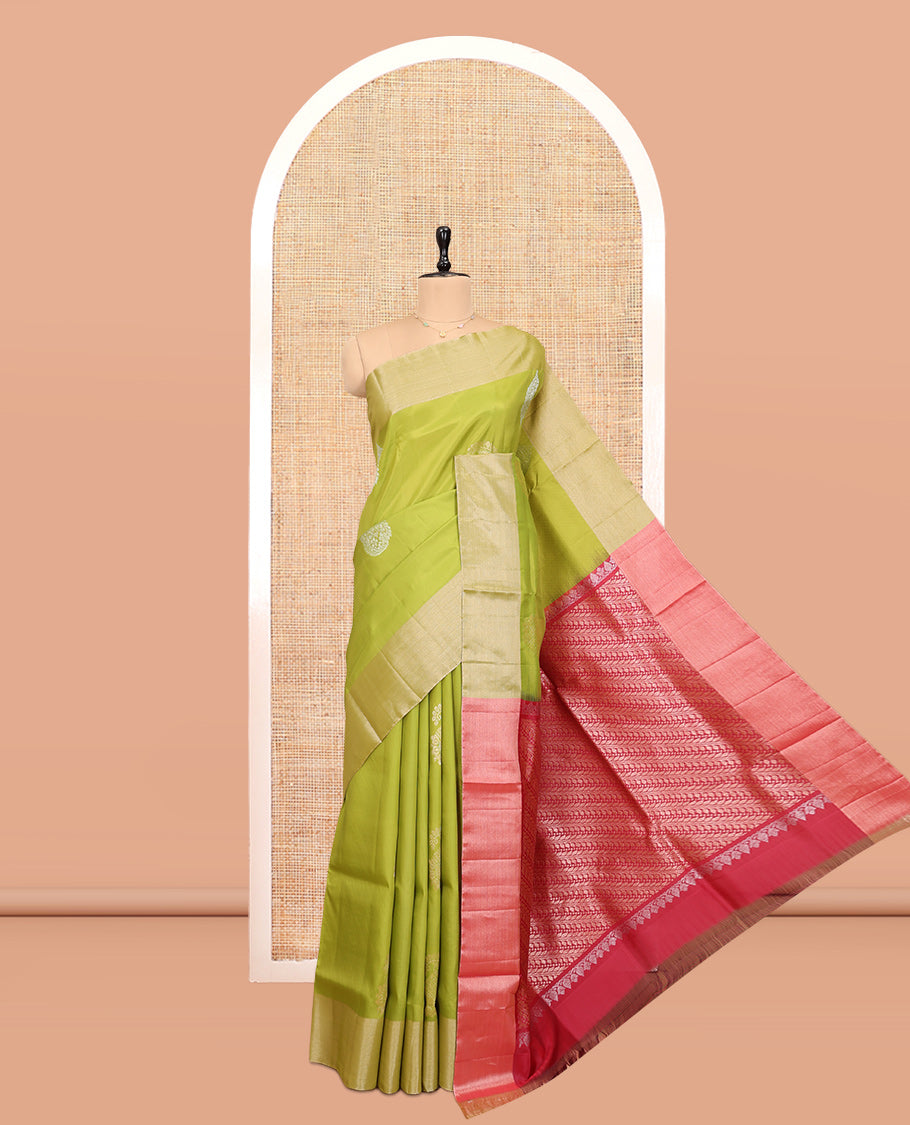Green Uppada Saree, Decked Up with Floral Buttas, a Bavanji Border, Contrast Intricate Pallu, and a Contrast Blouse