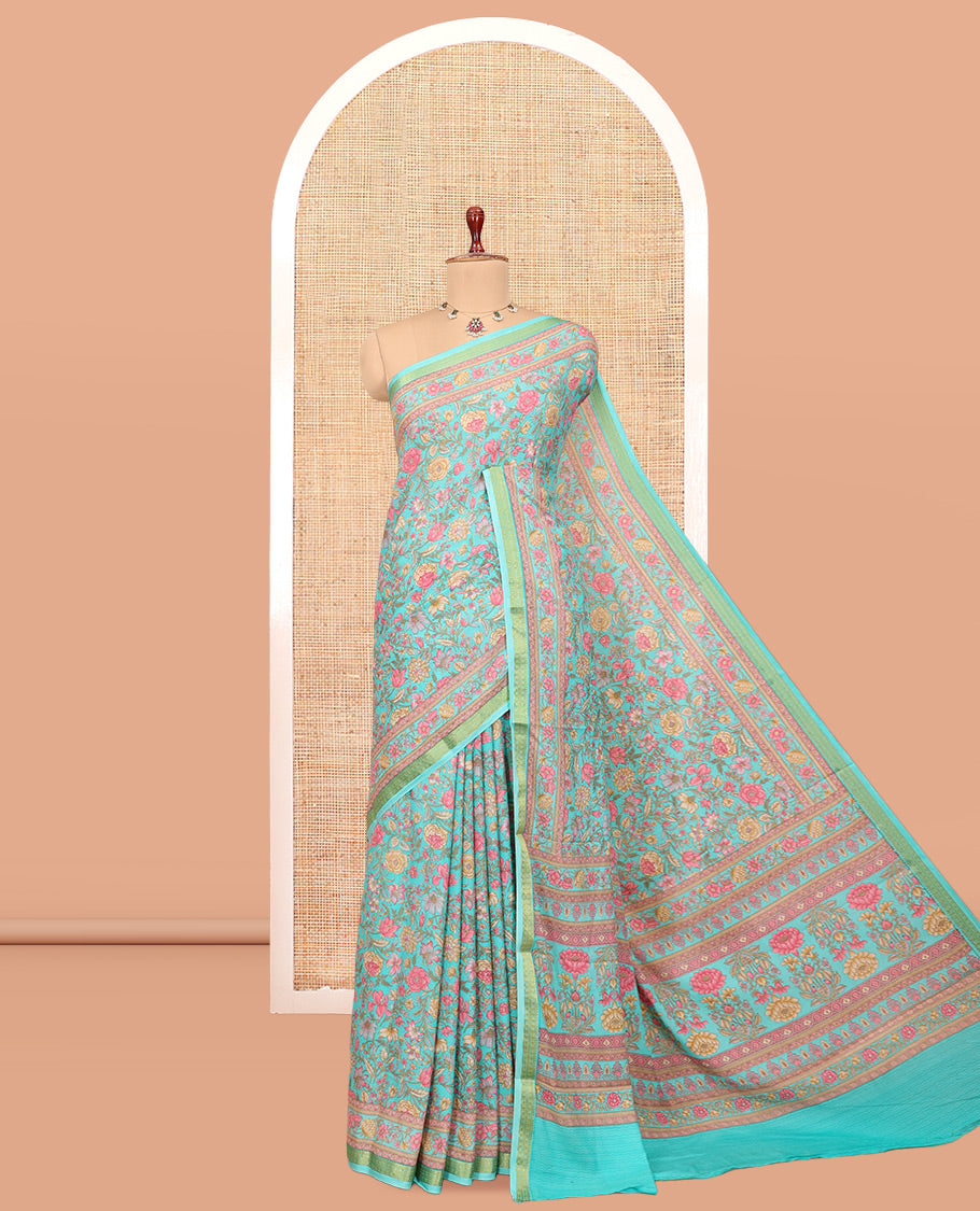 Blue Printed Silk Saree, Bedecked with Floral Vine Print, a Traditional Zari Border, Floral Pallu, and a Matching Blouse