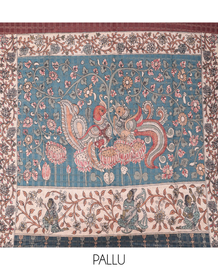 Brown Fancy Tussar Silk Saree, Embellished with Checked Design, Contrast Zari Piping Border, Pallu of Kalamkari Motifs, and Contrast Kalamkari Printed Blouse