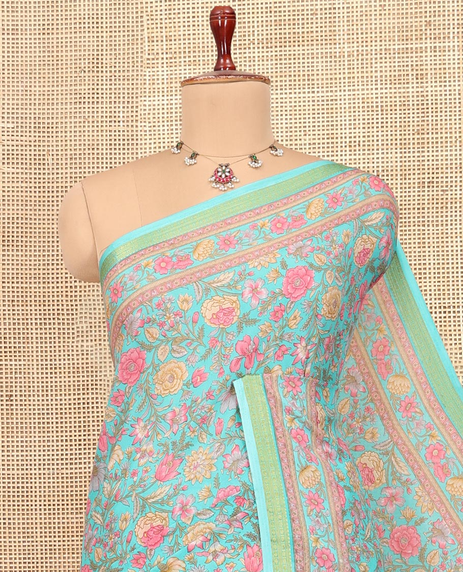 Blue Printed Silk Saree, Bedecked with Floral Vine Print, a Traditional Zari Border, Floral Pallu, and a Matching Blouse