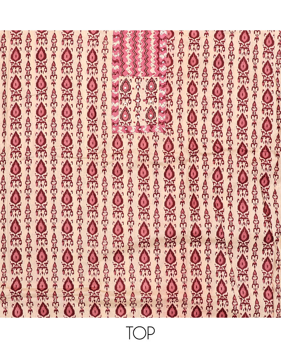 Sandal-Base and Red Cotton Material Chudidar Set, Adorned with Batik-Style Intricate Print on Its Top, a Batik Chevron Printed Cotton Bottom, and Paired with an Intricately Printed Dupatta