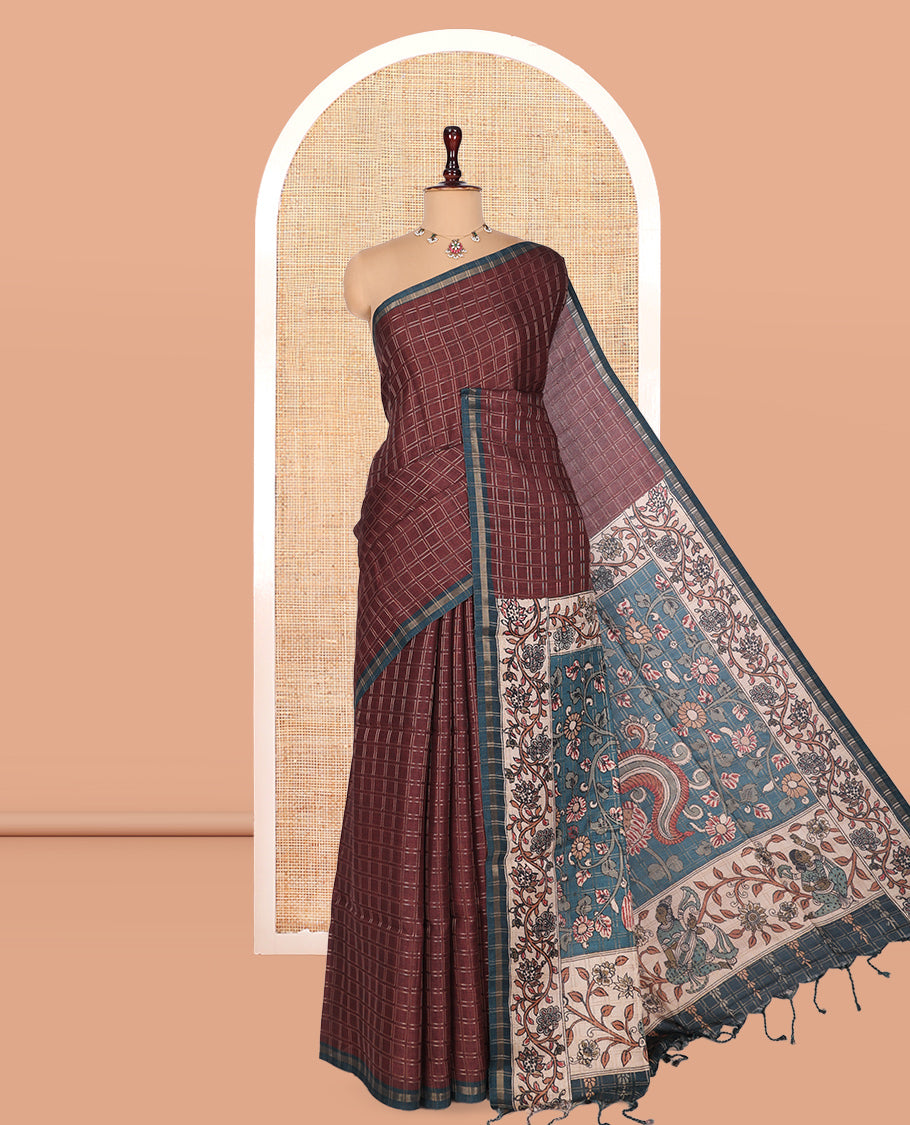 Brown Fancy Tussar Silk Saree, Embellished with Checked Design, Contrast Zari Piping Border, Pallu of Kalamkari Motifs, and Contrast Kalamkari Printed Blouse