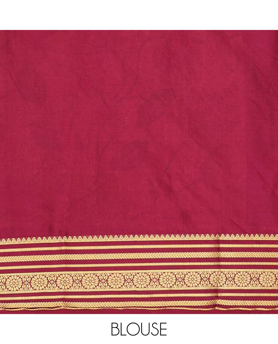 Yellow Pichwai-style floral vine printed semi-banaras printed saree, contrast traditional design border & striped pallu